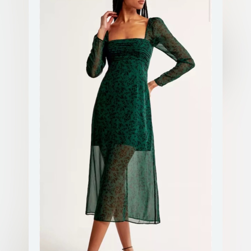 Abercrombie & Fitch Emerald Green Floral Long-Sleeve Midi Dress
